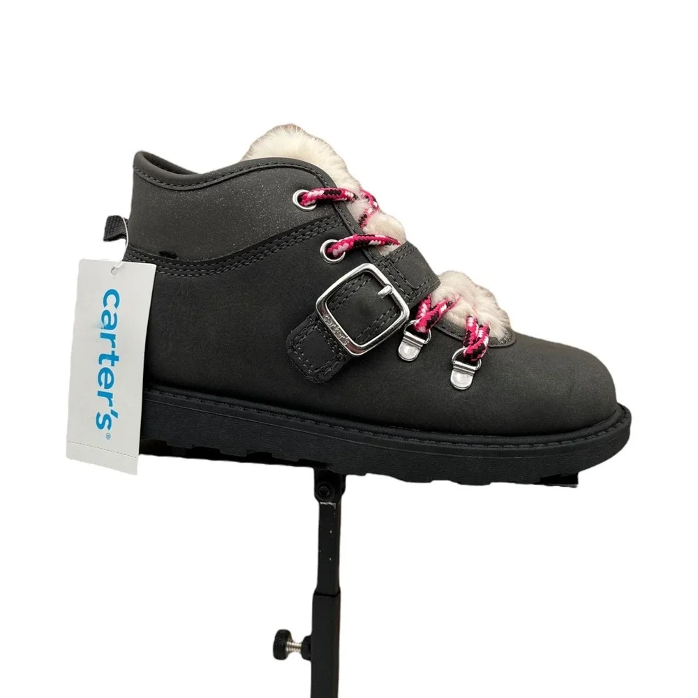 Carters Little Girls Faux Fur Winter‎ Booties Size 11 Gray Pink Cozy Warm Shoes